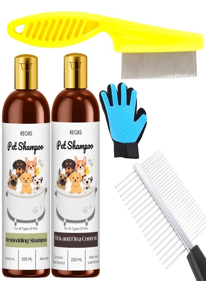 مجموعة ريجيس للعناية بالحيوانات الأليفة مع شامبو لإزالة الشعر الزائد، ومكافحة القراد والبراغيث، 200 مل، عبوتان، تتضمن فرشاة تنظيف، مشط، قفاز (عبوة من 5 قطع) - Image 1